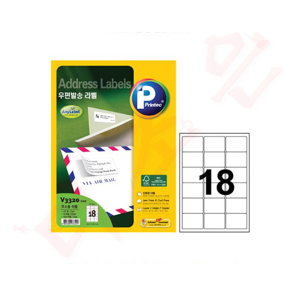 [프린텍 애니라벨] 라벨지 V3320-100_우편발송/18칸/100매